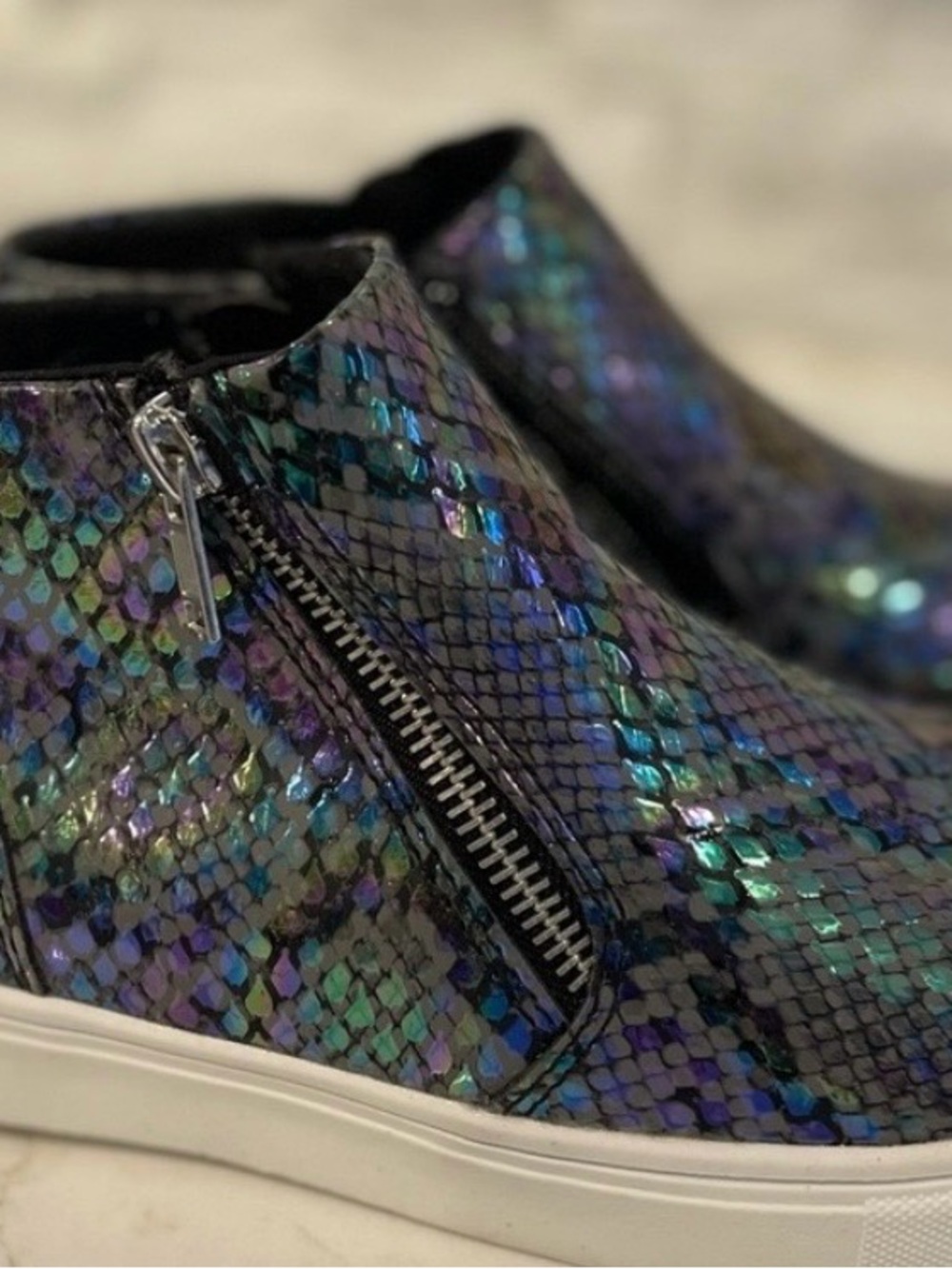 Steve Madden Wedge Sneaker with Iridescent Snake Print - Black/Blue